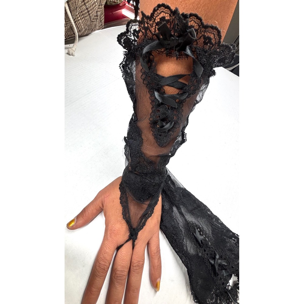 VTG‎ Frederick's of Hollywood Black Lace Fingerless Gloves Bows S-2XL Nylon EUC - Picture 6 of 6